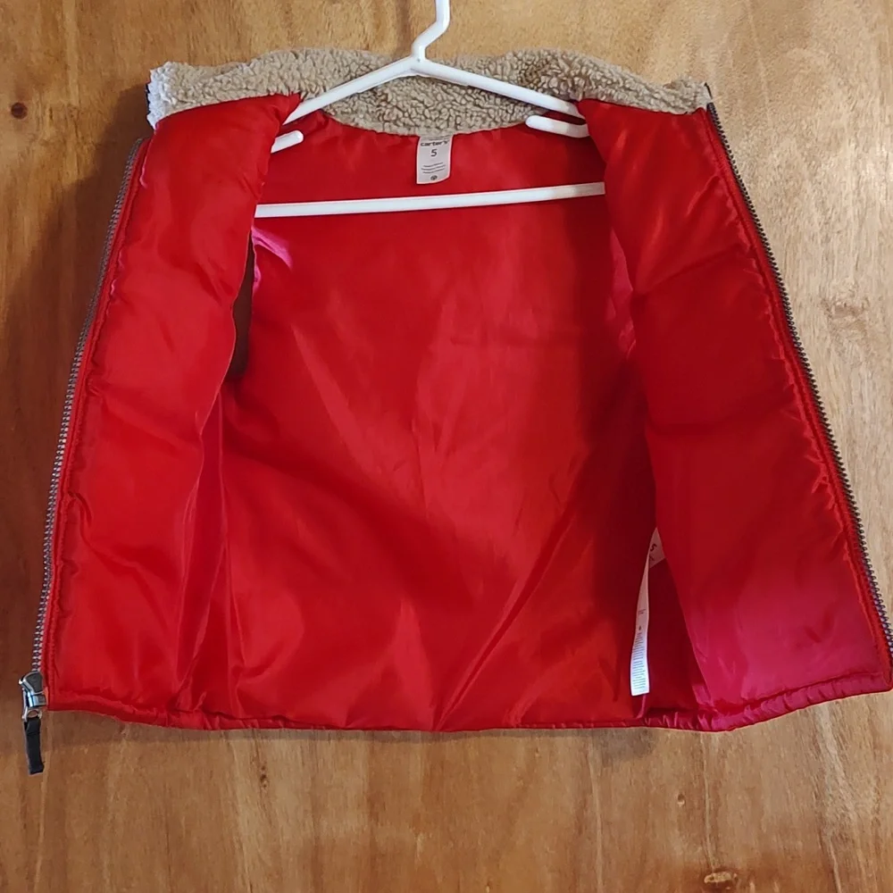 Carter's Little Boys Insulated Zip-Up Puffer Vest Red Black Corduroy Sherpa 5